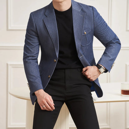 High Quality Men's Denim Style Suit Jacket Vintage Luxury Slim Fit Business Fashion Casual Suit Coat Formal Wedding Tuxedos