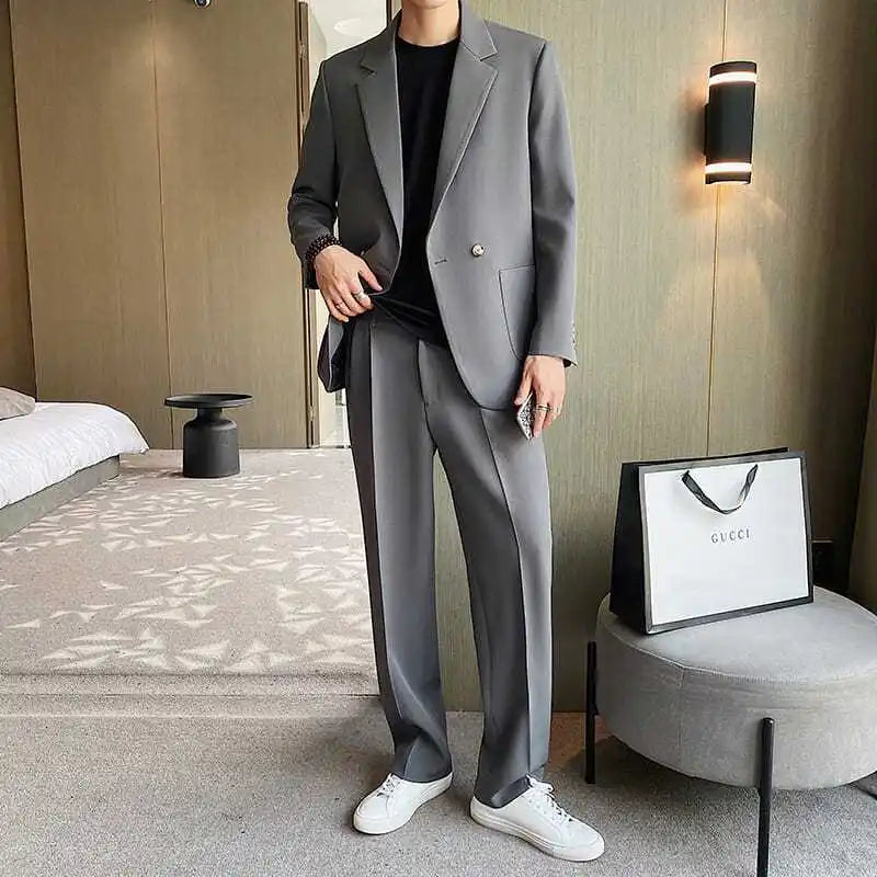 Men's Spring Autumn Casual Blazer Set Korean Slim Fit Lightweight Loose Smart Chic Suit Jacket Fashion Trendy Top
