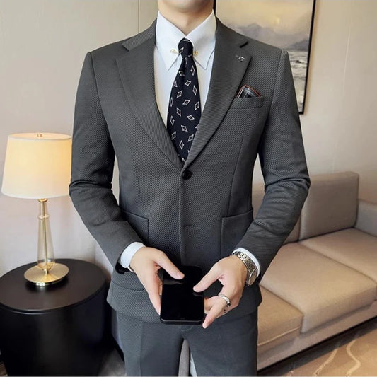 Korean Slim Fit Suit Set (Blazer+Trouser) Knitted Twill Business Wedding Suit Set Casual Office Work Party Prom 2 Pieces Suits