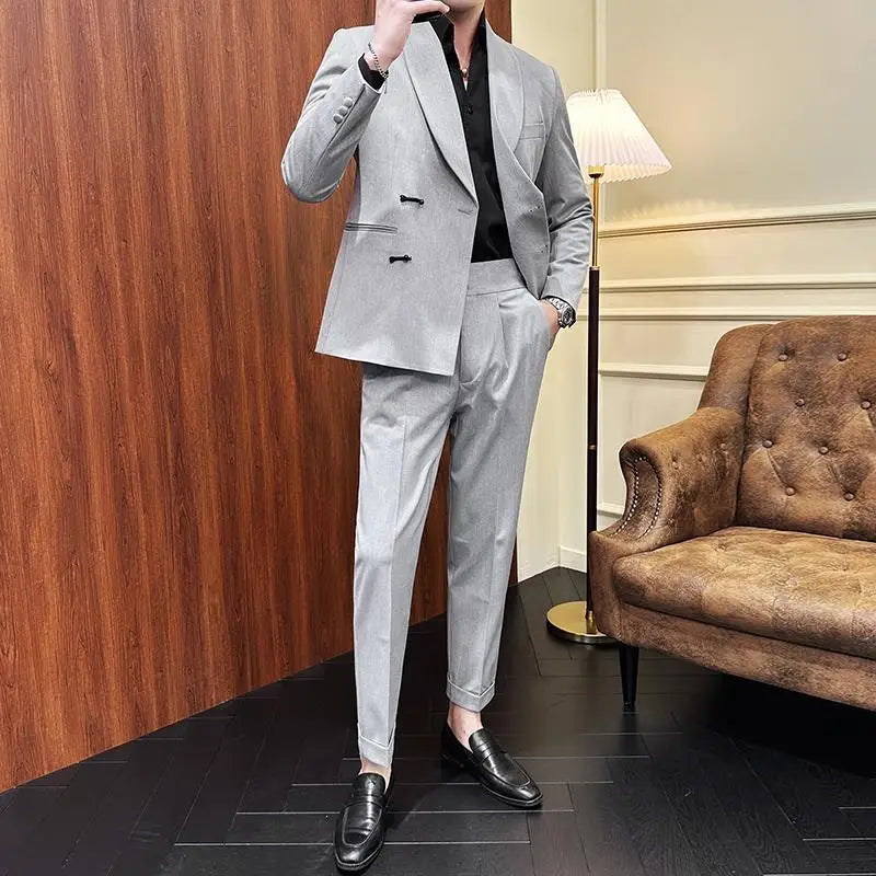 (Jacket+Pants) Vintage Luxury Chinese Style Suit Fashion Men High-end Elegant Business Social Wedding Dress Suit Tuxedo 2Pcs Set
