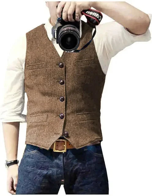 Men's Waistcoat Herringbone Wool Blend V-Neck Single Breasted Vest for Weddings and Smart Casual