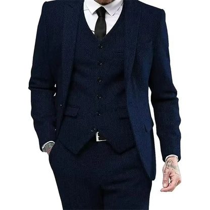 Classic Herringbone Tweed Mens Suits Stylish Vintage Tuxedo Set 3 Pieces Blazer Vest and Pant For Wedding Business Evening Party