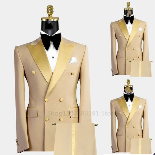 Costume Homme 2 Pièces Tuxedos Croisé Coupe Cintrée Revers Cranté Uni Kaki Pour Fête Mariage (Veste+Pantalon)