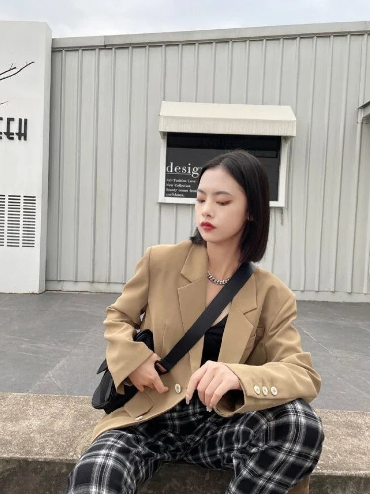 2025 Spring Autumn New Women's Korean Style Vintage Street Blazer Loose Double Breasted Cool Casual Premium Student Jacket