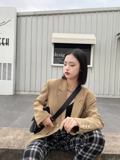 2025 Spring Autumn New Women's Korean Style Vintage Street Blazer Loose Double Breasted Cool Casual Premium Student Jacket