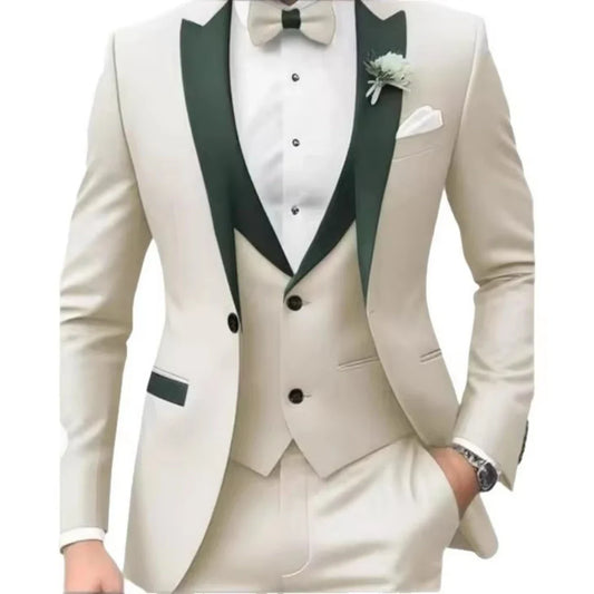 Solid Color Men's Fashion 3-Piece Tuxedo Set with Peak Lapel Blazer Vest Pants for Wedding Business Formal Groom Tuxedos