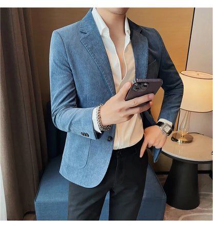 Men's Slim Fit Striped Corduroy Blazer – Smart Casual Single Breasted Suit Jacket