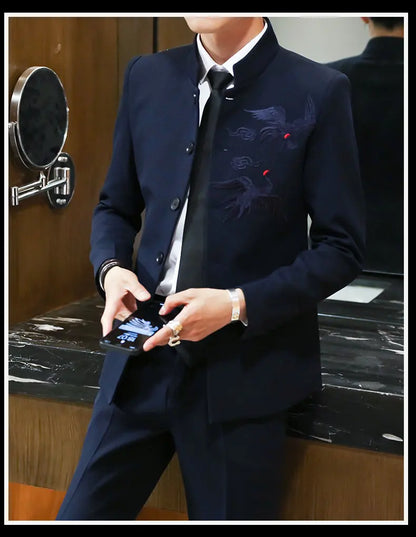 Suit (Blazer + Trousers) Men's Chinese-Style Stand-Up Collar Wedding & Business Suit