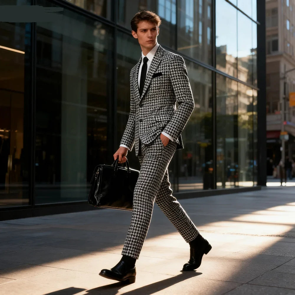 Formal Houndstooth Business Suits for Party Prom Notch Lapel Blazer Pants Set Man Groom Tuxedo Plaid 2 Pieces Wedding Set