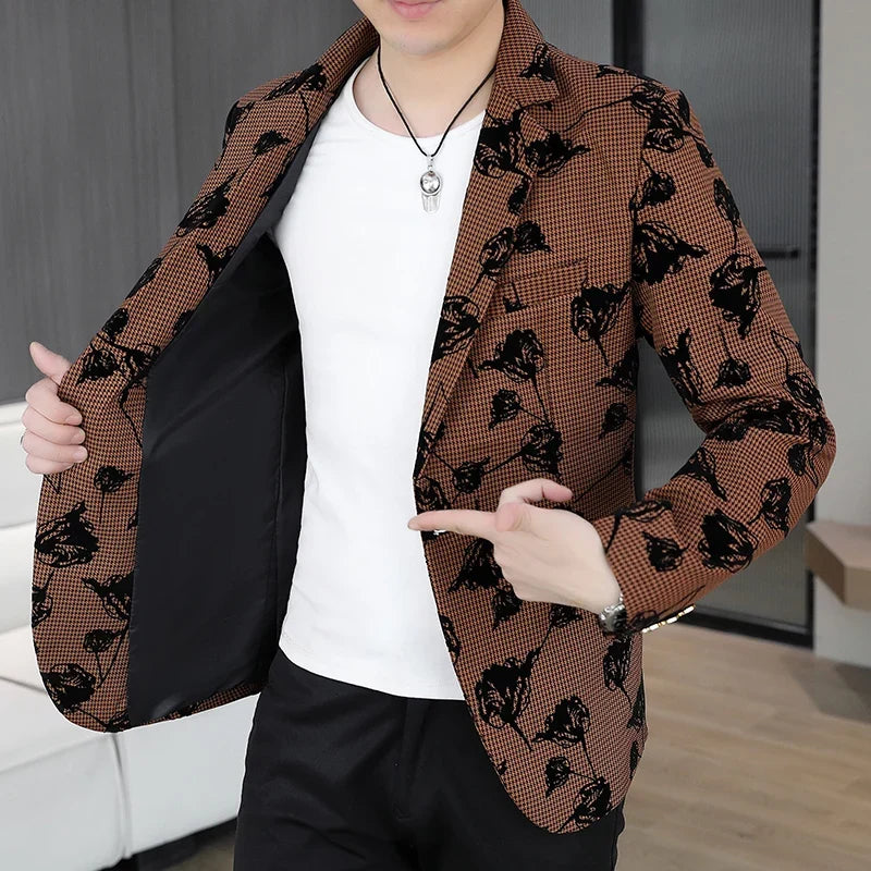 Blazer: Outdoor Fashion Business Gentleman Print Wedding Host Campus Slim-fit Casual Korean-style Youthful Versatile Men Blazer