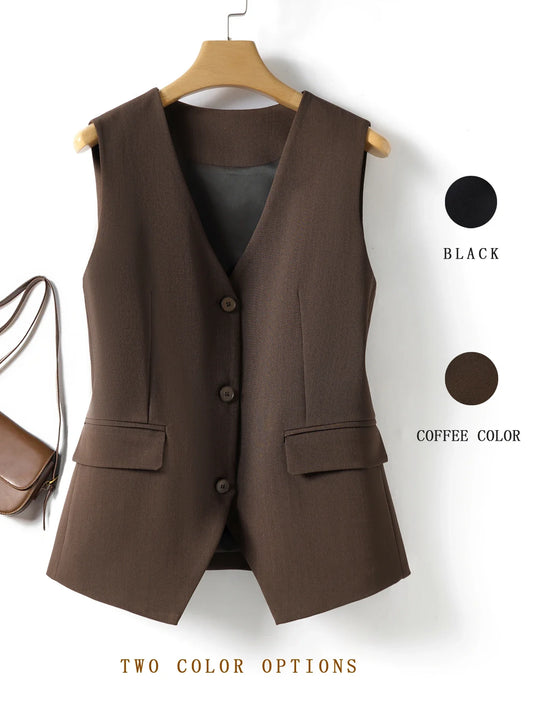 Brown Single-Breasted Slim-Fitting Vest for Women in Spring and Autumn Suit Vest Outer Top