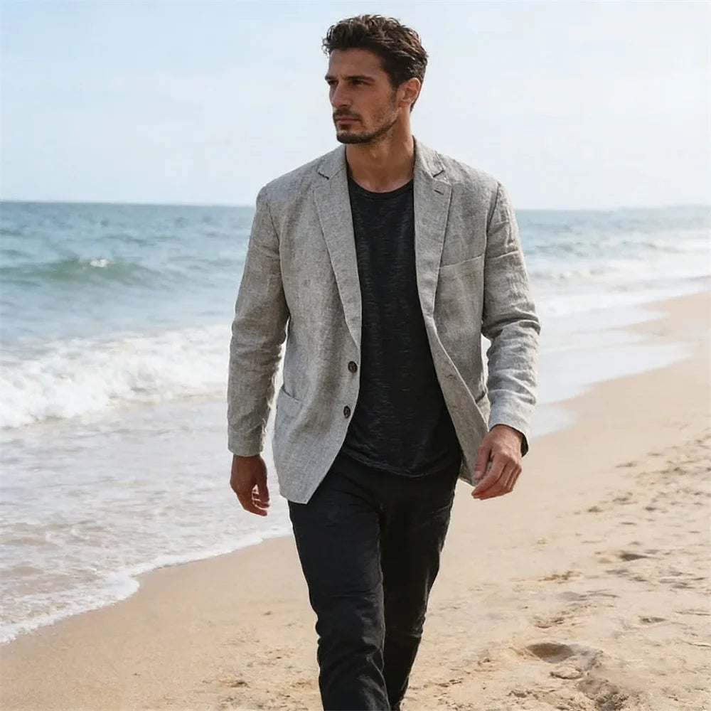 Men's Lightweight Linen Blazer Casual Slim Fit Notch Lapel Two Button Jacket for Summer Beach Wedding Business Daily Wear