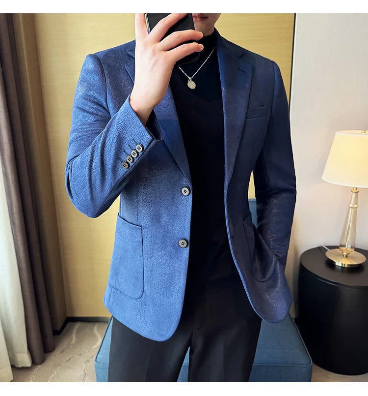 Vintage Suede Line Bronzing Striped Suit Coats 2025 Autumn New High Quality Men Slim Business Social Formal Suit Coats Tailcoat