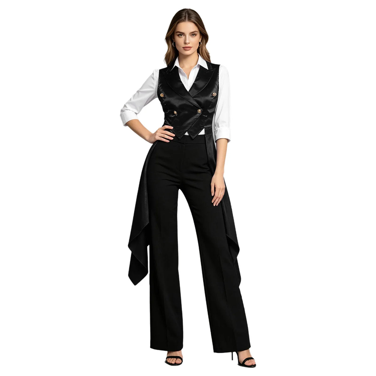 Women's Sleeveless Vests Satin Renaissance Victorian Costume Femme Tuxedo Waistcoat Vest Tailcoat Top Halloween Gothic Outfit
