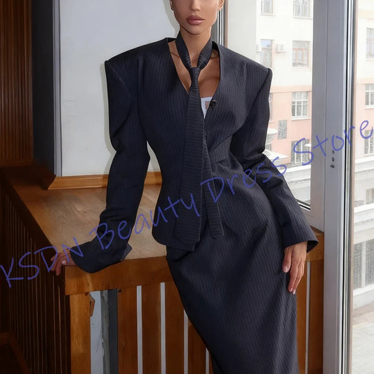 Professional Women's Dark Blue Pinstripe Suit Single Breasted Deep V-neck Vintage Tailored Blazer and Skirt Set for Business