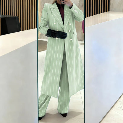 Burgundy Women's Suits Pinstripe Double Breasted Peaked Lapel Long Coat+Pants Set Elegant Formal Office Evening Party Outfit