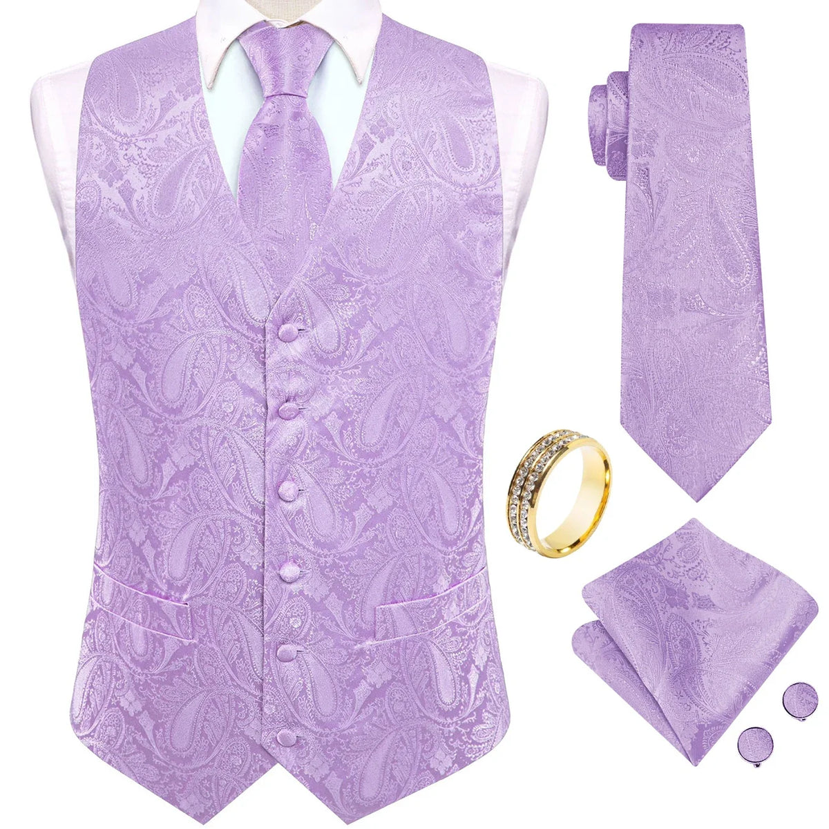 Men's Vest 5-In-1 Set Lilac Paisley V-Neck for Prom, Banquet & Formal Occasions