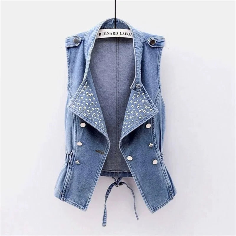 2025 Femme Cowboy Vest Outwear Spring Women Fashion Large Size 5XL Denim Waistcoat Coat Ladies Double-breasted Sleeveless Jacket