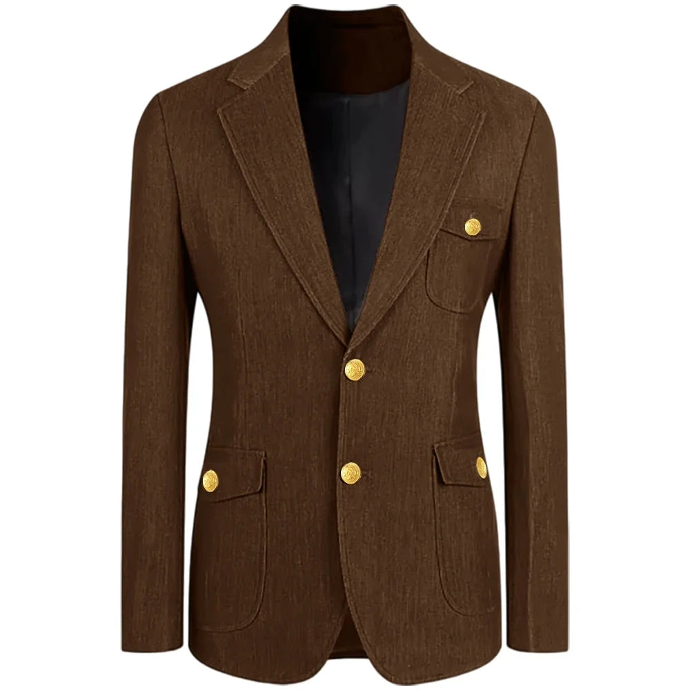 Men's Denim Suit Jacket Classic Notched Lapel Slim Fit Gold Buttons Multiple Pockets Formal Blazer Business Casual Daily Wear