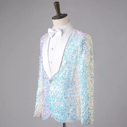 Men's Fashion Slim Fit Sequin Suit Jacket Shawl Formal Lapel Tuxedo Wedding Banquet Host Singer Nightclub Bar Stage Performance