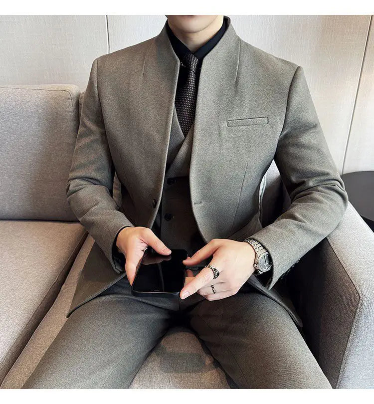 Men's 3-Piece Slim Fit Stand Collar Suit – Wedding, Prom & Office Formal Set