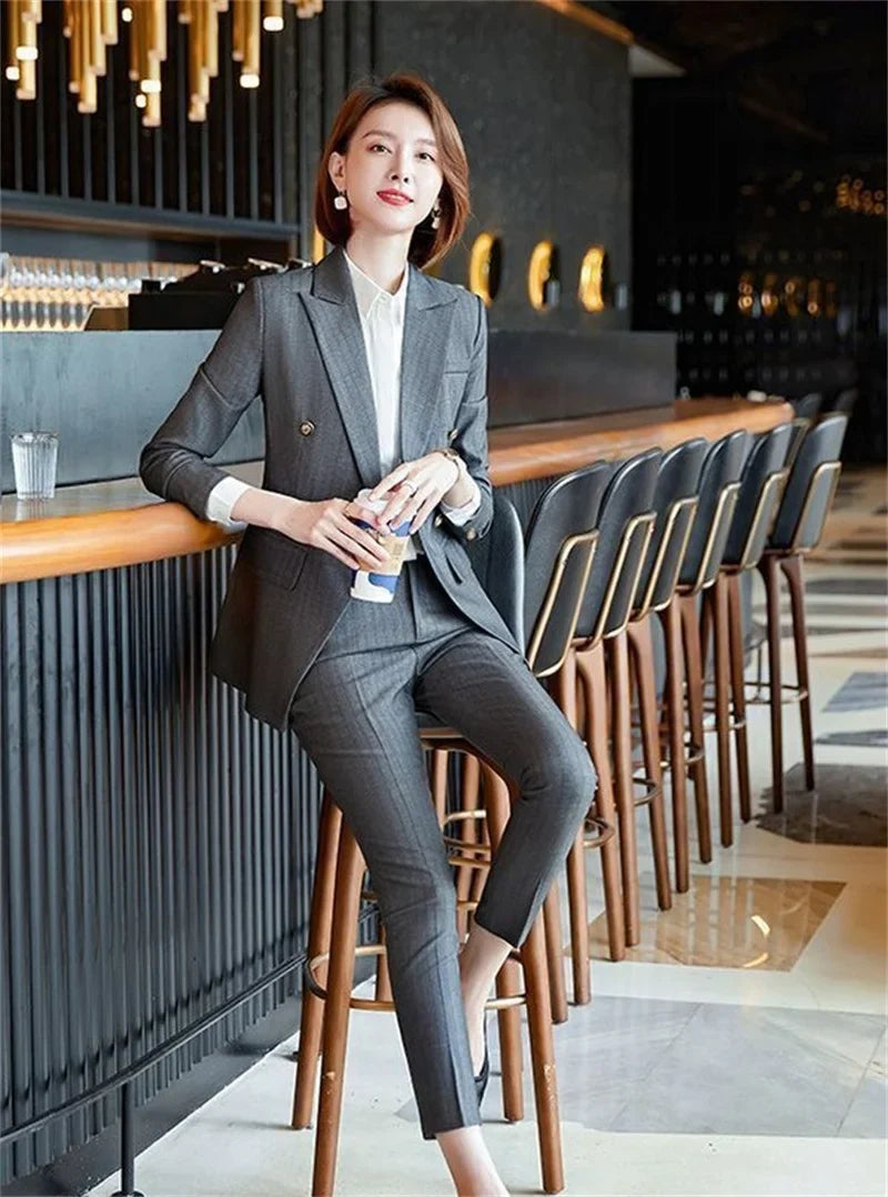 Elegant Office Ladies Two Piece Sets Womens Outifits 2025 New Double Breasted Long Sleeve Blazers Loose Casual Pant Suits