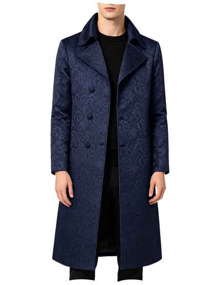 Men Luxury Jacquard Long Trench Coat Lapel Formal Overcoat Outerwear For Wedding Prom Banquet Club Evening Business Stage Party
