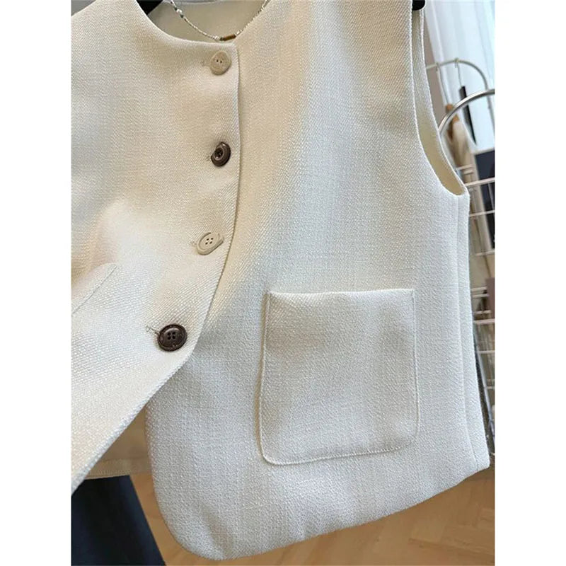 French Femme High End Waistcoat Tops Outwear Women Fashion Round Neck Sleeveless Jacket Spring Autumn Lady Solid Color Vest Coat