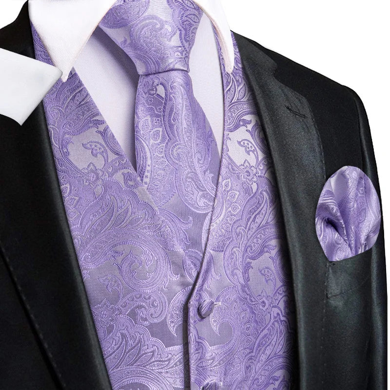 Men's Double Breasted Paisley Jacquard Waistcoat Set with Necktie & Pocket Square for Weddings and Tuxedo