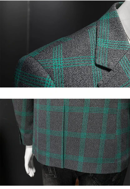 2025 Slim Fit Men's Casual Suit Handsome Fashion Plaid Blazer Polyester Business Wedding High-Quality Male Attire