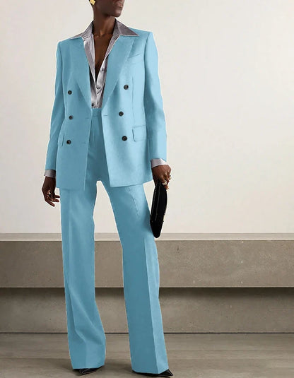Fashion Grey Double Breasted Women Pants Set High-end Female Two Pieces(Jacket+Trousers)أطقم بناطيل