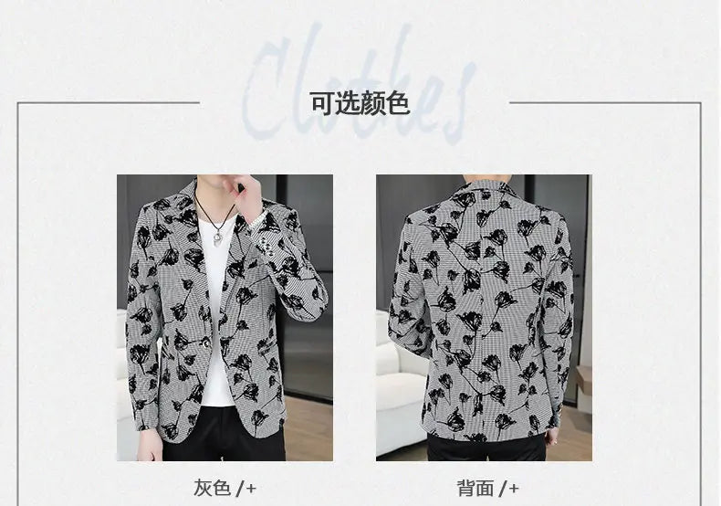 Blazer: Outdoor Fashion Business Gentleman Print Wedding Host Campus Slim-fit Casual Korean-style Youthful Versatile Men Blazer