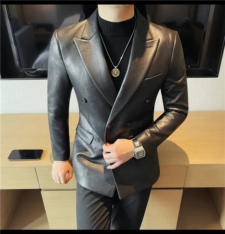 Brand Retro Leather Suit Jacket Men British Style Double Breasted Casual Business Blazers Wedding Groom Party Banquet Jackets