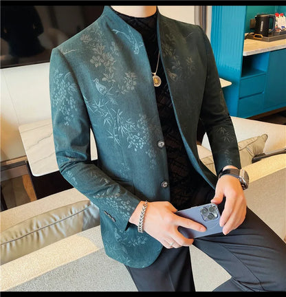2025 Spring Trendy Jacquard Suit Jacket Men Stand Up Collar Casual Blazers Slim Wedding Business Streetwear Social Dress Coats