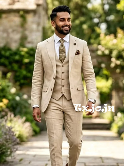 New Linen Men's Suits 3 Pieces Summer Beach Wedding Outfit Casual Breathable Notched Lapel Slim Fit Tuxedo For Birthday Party