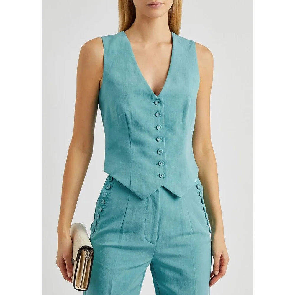 Slate Green Women's Suit Customized Elegant Single-breasted Peaked Lapel Three Pieces (Jacket+Pants+Vest) Office Lady Set