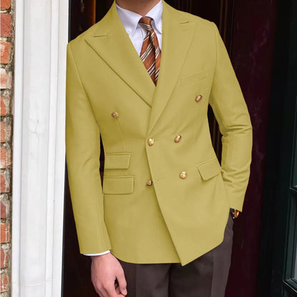 Men's Brown Serge Blazer Double Breasted Peak Lapel Gold Button Slim Fit British Style Fashion Suit Jacket Formal Business Casua