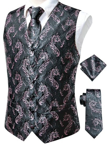Men's Jacquard Vest 3-Piece Set – Satin Formal Waistcoat with Tie & Pocket Square for Weddings