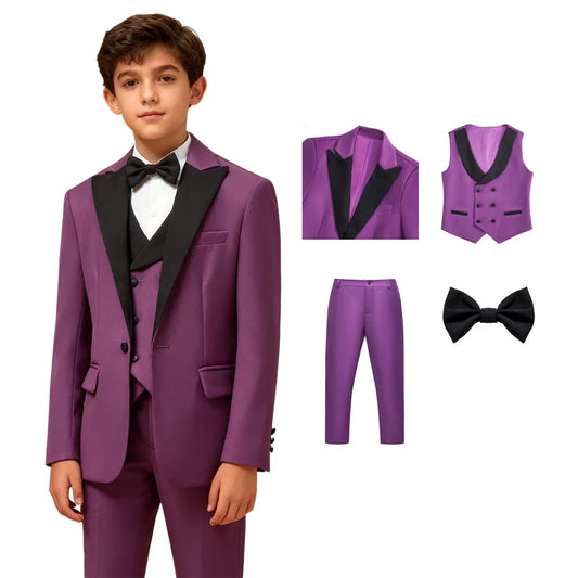 Boys Suit Set – 4-Piece Formal Kids Tuxedo with Blazer, Vest, Pants & Bow Tie