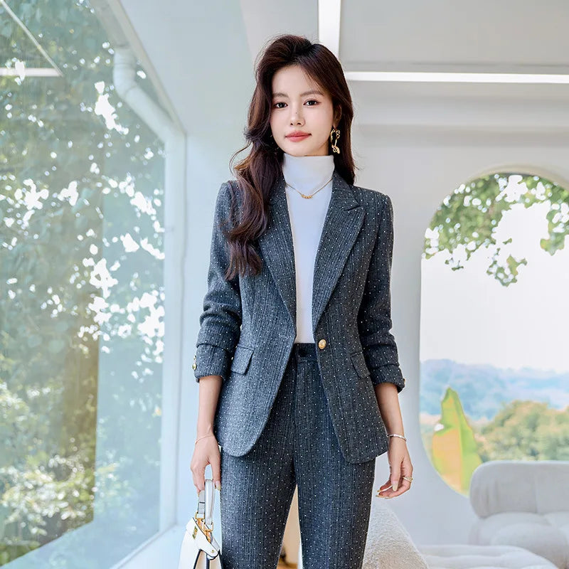 Fashion Women Suits 2024 New Autumn Winter Temprament Business Formal Slim Blazer And Flare Pants Office Ladies Work Wear