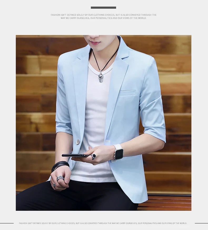 Summer 2025 Men's Mid-Sleeve Slim Fit Suit Korean Style Handsome Youth Seven-Quarter Jacket Small Suit Collection