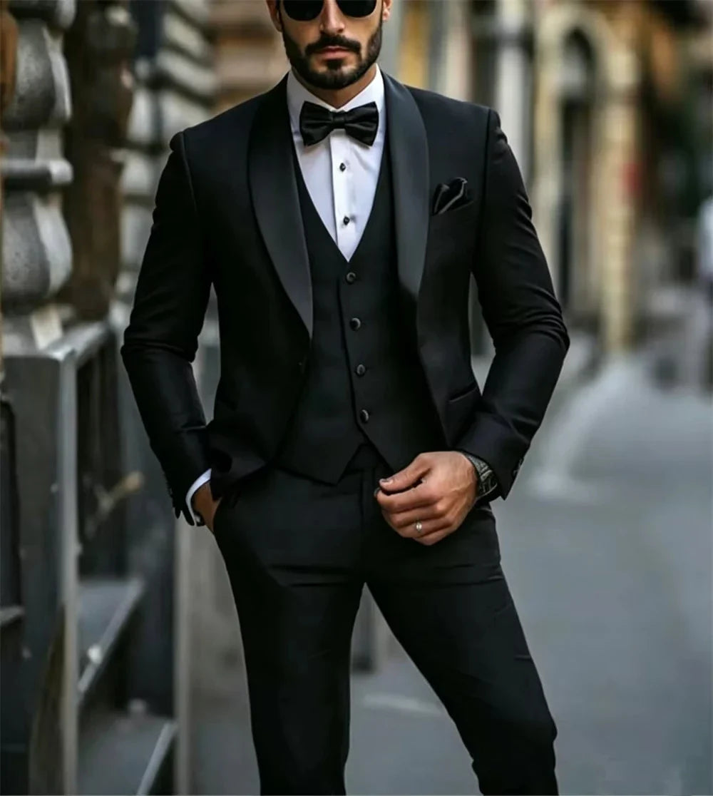 Men's 3-Piece Suit with Black Lapels for Wedding and Formal Occasions