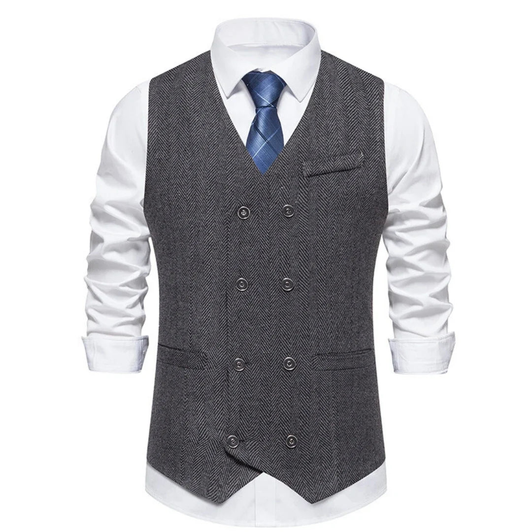 Men's Herringbone Vest Double Button V-Neck Waistcoat for Weddings & Business