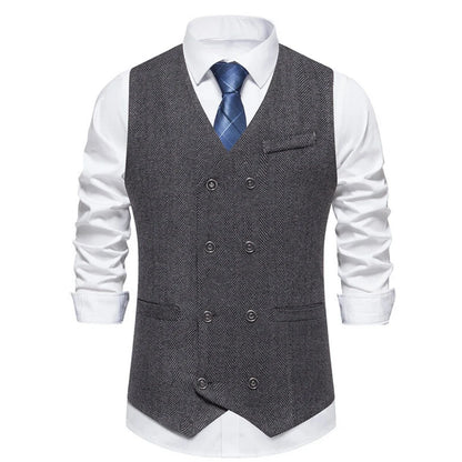 Men's Herringbone Vest Double Button V-Neck Waistcoat for Weddings & Business