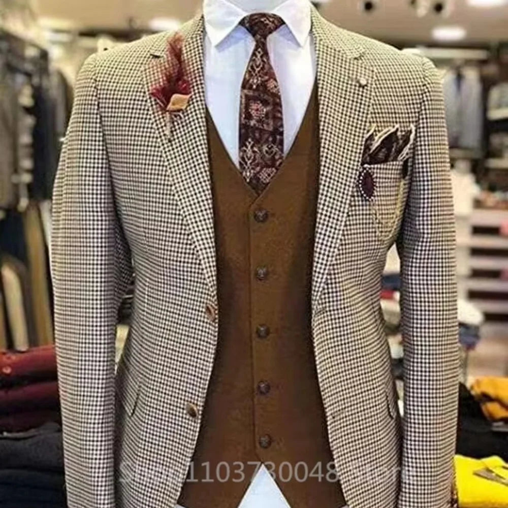 New Biege Houndstooth Blazer Party Wedding Tuxedos Notch Lapel Two Buttons Jacket Men Suits Coat For Wedding Party Prom