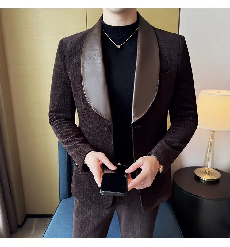 British Style PU Patchwork Suit for Men Casual Business Wedding Suits 2 Pieces Set (jacket+pant) Office Work Party Prom Suit