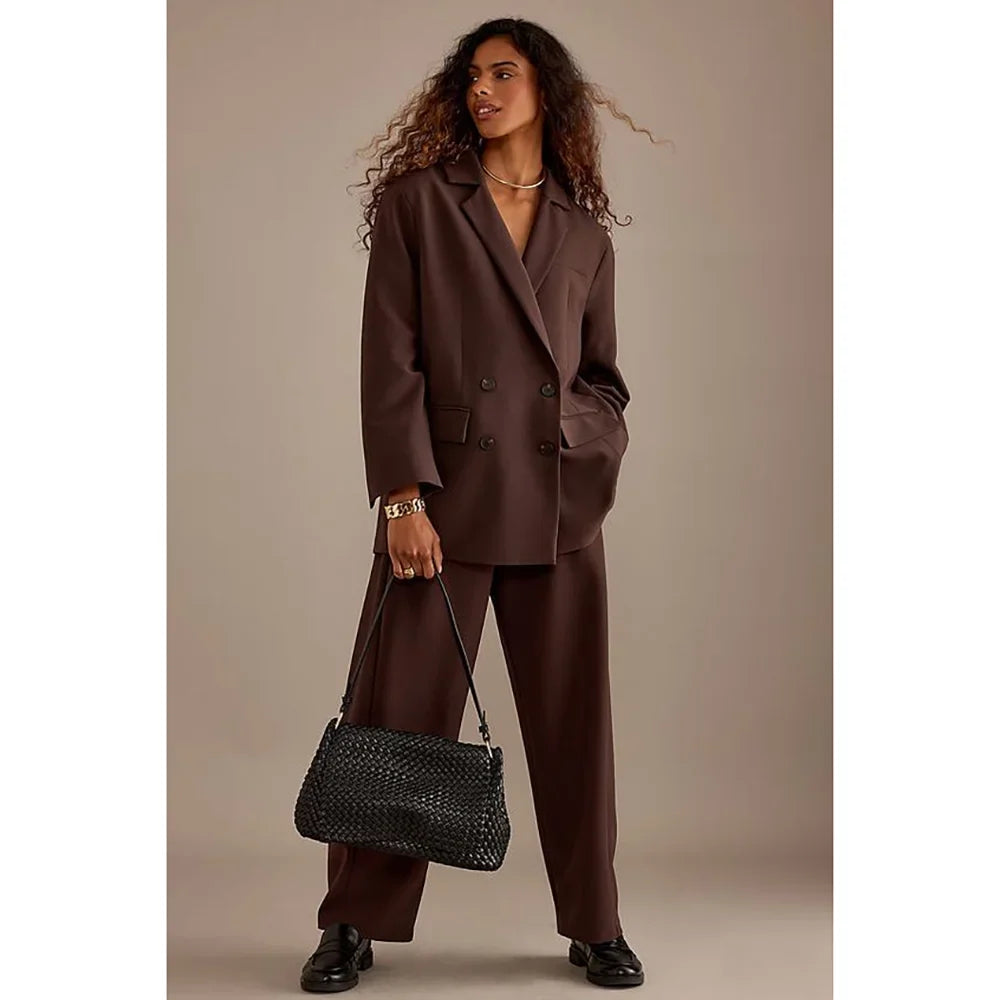 Leisure Brown Double Breasted Women Pants Set High-end Female Two Pieces(Jacket+Trousers)أطقم بناطيل
