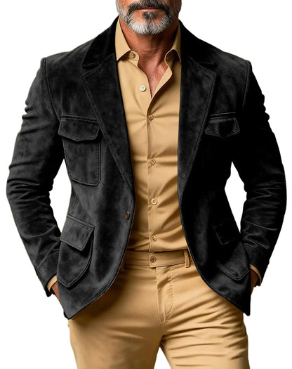 Men's Suede Safari Blazer Slim Fit Notch Lapel Multi-Pocket Hunting Jacket Autumn Winter Casual Business Sport Coat