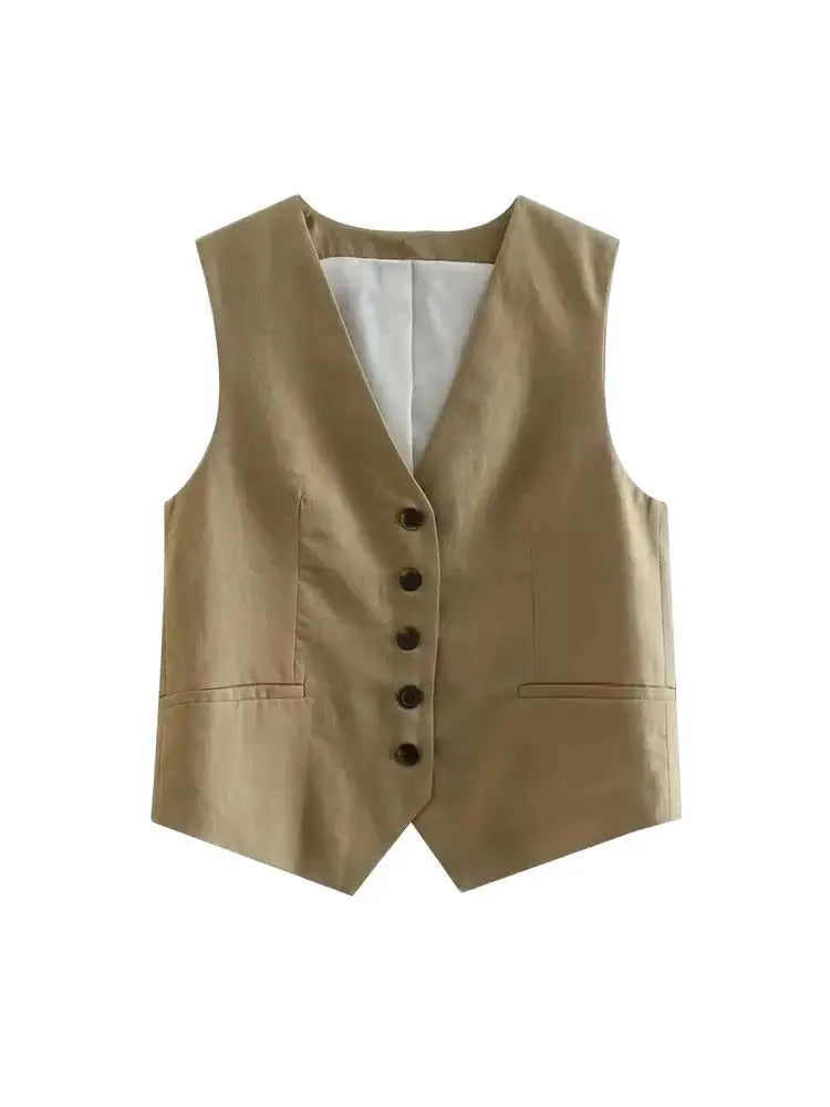 Women Fashion Front Button Linen Blend Waistcoat Vintage V Neck Sleeveless Female Outerwear Chic Vest Tops