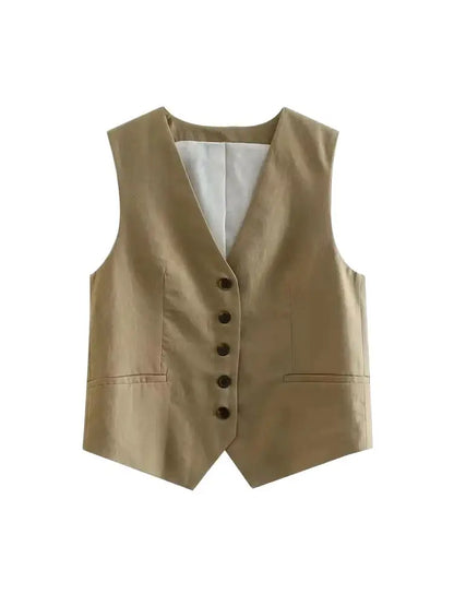 Women Fashion Front Button Linen Blend Waistcoat Vintage V Neck Sleeveless Female Outerwear Chic Vest Tops